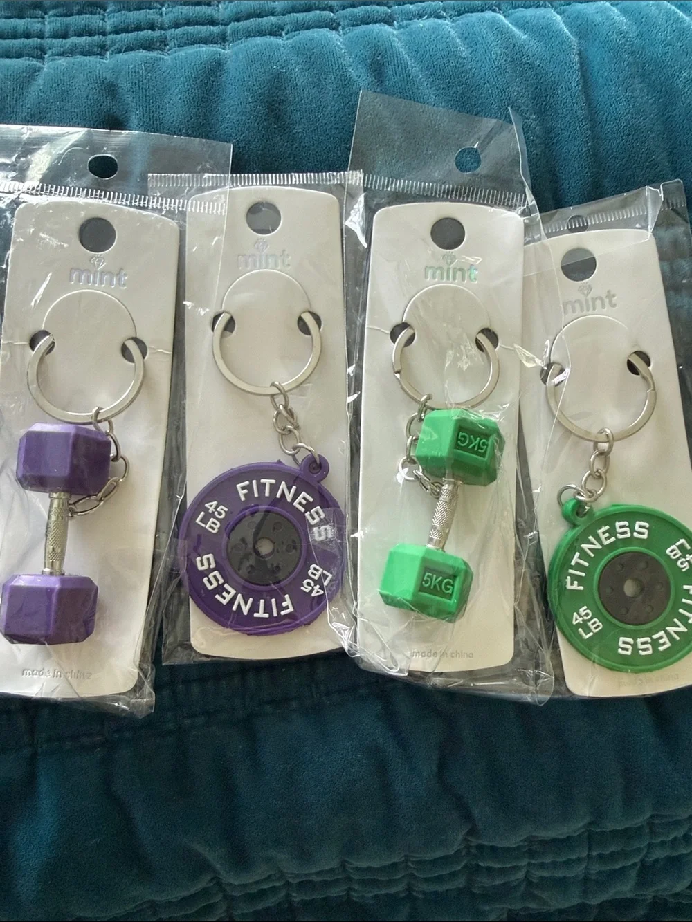 Mint Fitness Dumbbell & Weight Plate Keychain Set — Purple & Green